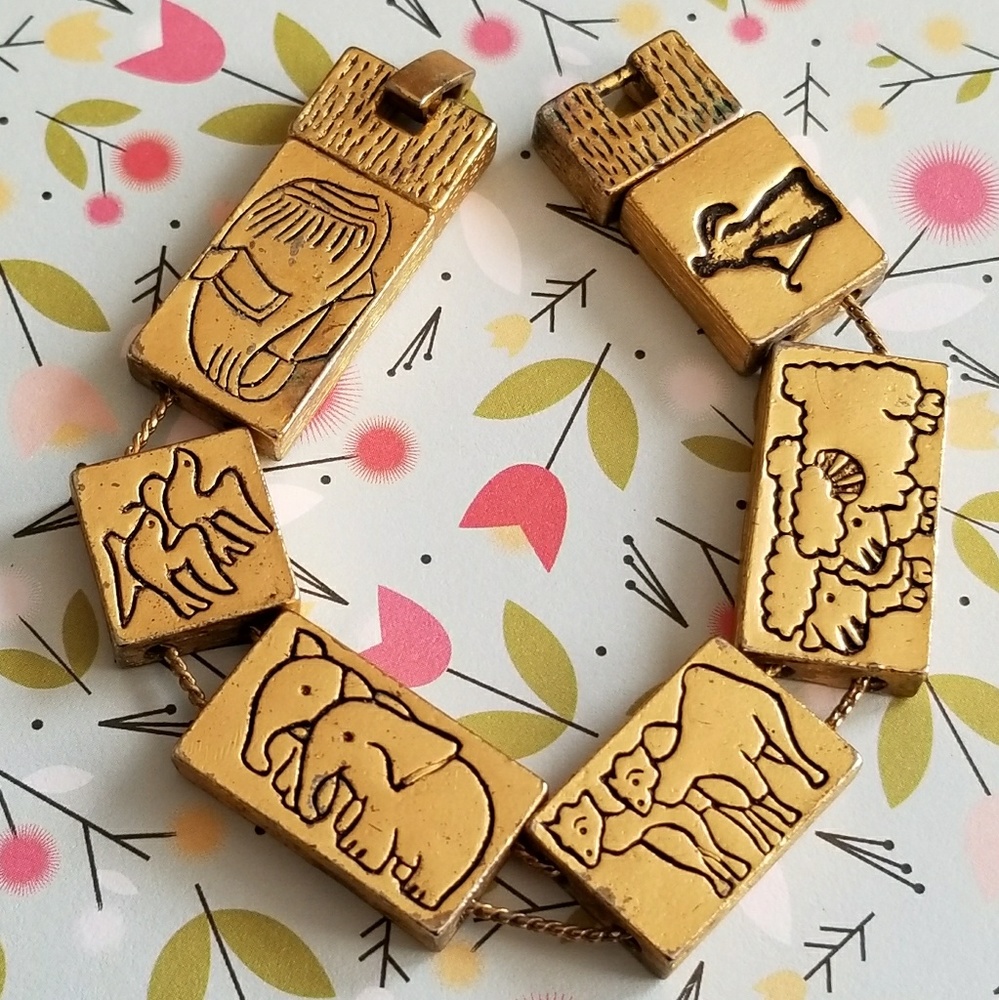 Noah's Ark slide bracelet gold tone panels Christian religious jewelry